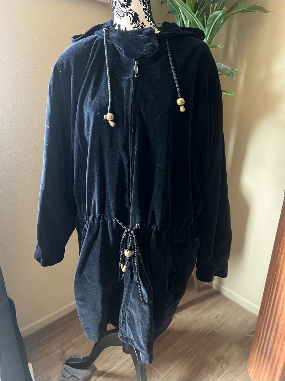 Collection B Black Velour Hooded Drawstring Trench Coat with Wooden Bead Accents